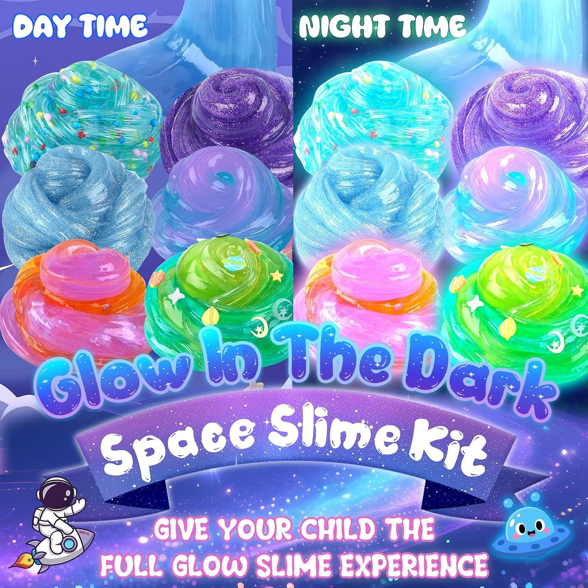 Paquete de 9 unidades de slime Galaxy que brilla en la oscuridad, slime espacial con dijes de astronauta, alienígenas y ovni, juego de limos de bricolaje, juguetes sensoriales, regalos de fiesta para niños