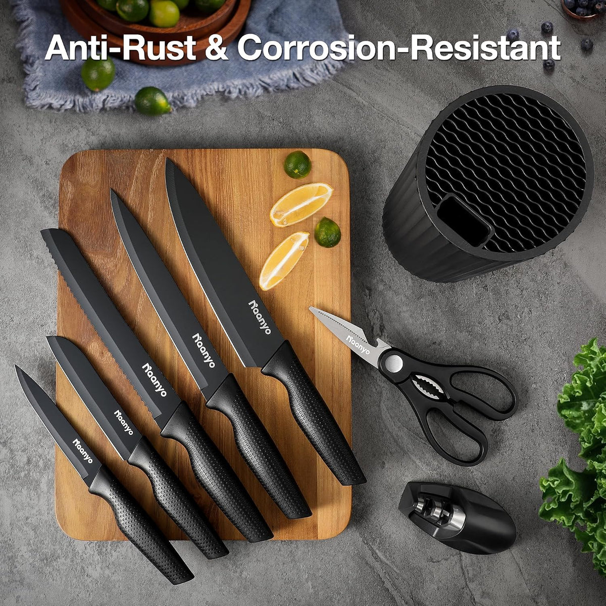 Juego de cuchillos de cocina de 8 piezas con afilador, bloque de cuchillos universal, cuchillas de acero inoxidable, diseño ergonómico, resistentes al óxido