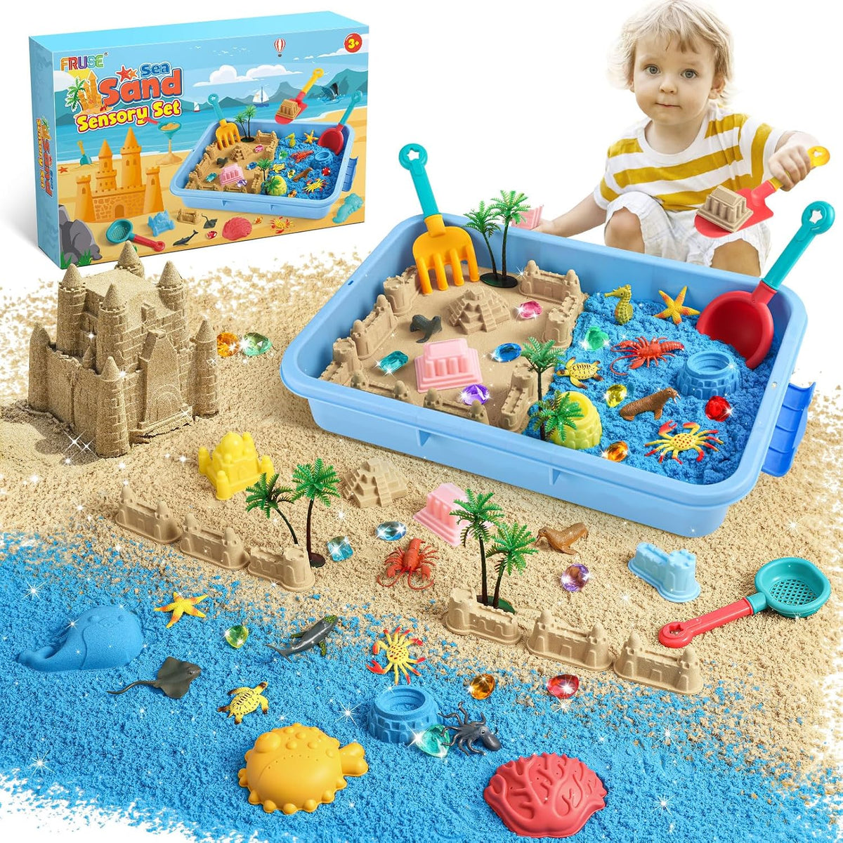 FRUSE - Contenedor sensorial del océano, kit de arte de arena con arena de juego de 2.2 libras, 12 juguetes de animales marinos, moldes de arena, juguete de playa para juegos de rol, juguetes de arena