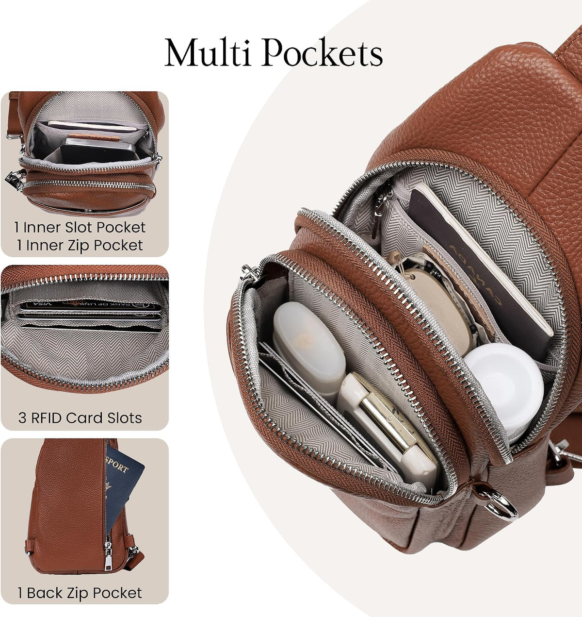 befen Bolso bandolera pequeño de cuero genuino para mujer, antirrobo, bolsa cruzada para el pecho, riñoneras para viajes con ranuras para tarjetas RFID