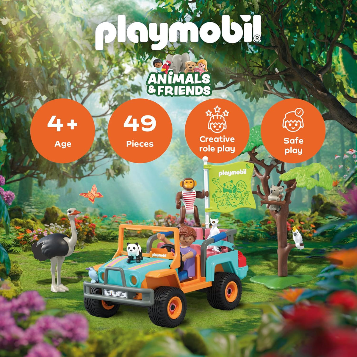 Playmobil 71854 - Animales y amigos | Vehículo todoterreno colorido | Juguete a partir de 4 años | Regalo para niños | Fomenta la creatividad y la sed de aventura | con figuras, vehículos y accesorios