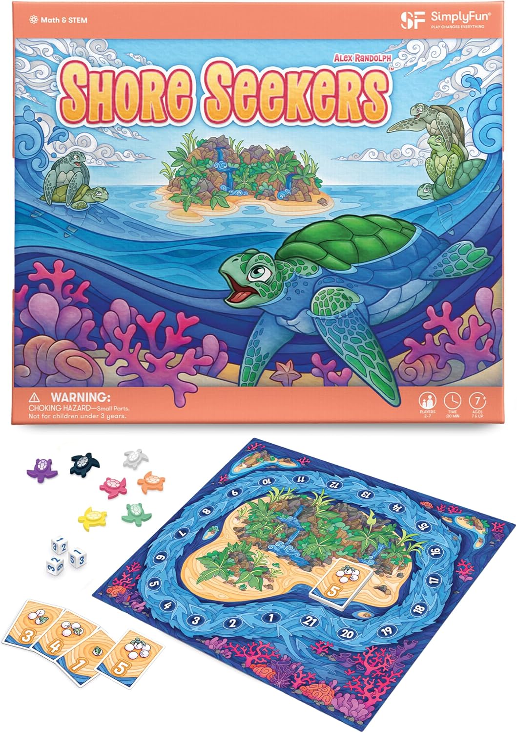 SimplyFun Shore Seekers - Un juego de mesa divertido e interactivo de matemáticas para niños - Practica habilidades de suma y multiplicación - Juego de matemáticas para niños, 2 a 7 jugadores, edades