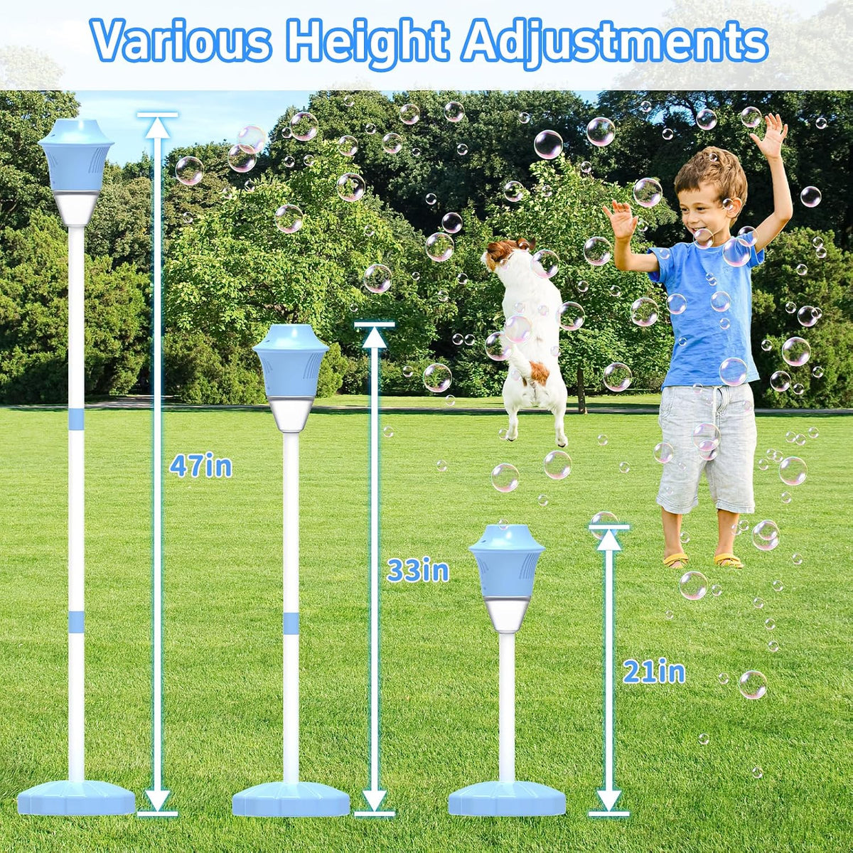 Máquina de burbujas para niños, máquina automática de hacer burbujas de pie, altura ajustable hasta 47 pulgadas, máquina de burbujas con batería para exteriores con luz/música para regalos de