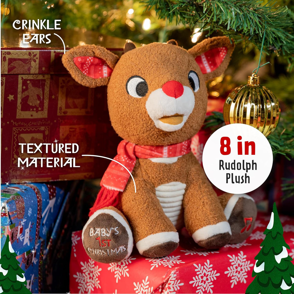 KIDS PREFERRED Santa Claus Rudolph, el reno de nariz roja, animal de peluche musical, la primera Navidad del bebé, 8 pulgadas