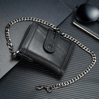 Cartera de cuero genuino para hombre: billetera de cadena antirrobo