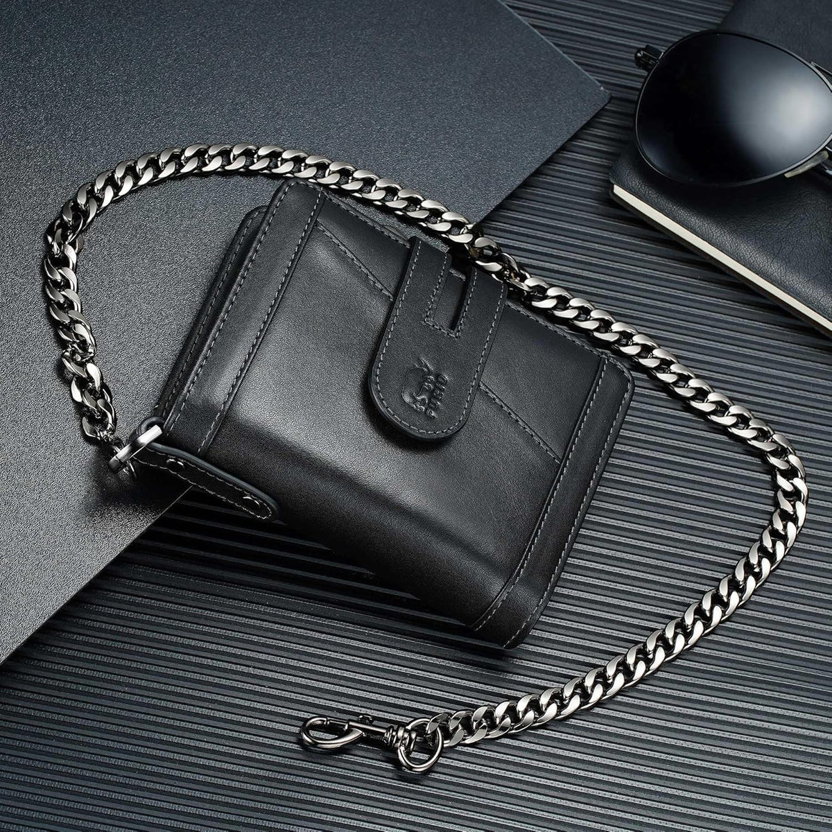 Cartera de cuero genuino para hombre: billetera de cadena antirrobo