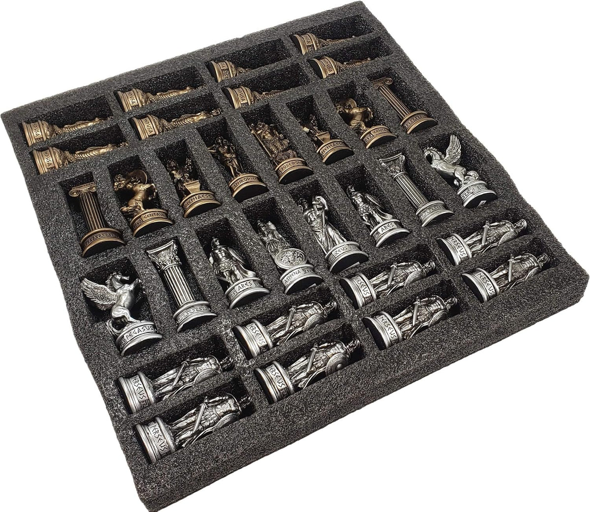 Juego de ajedrez de dioses de la mitología griega del Olimpo Zeus vs Poseidón en color peltre y bronce con tablero griego de 43 cm