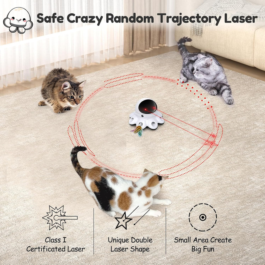 ORSDA Juguete láser para gatos, juguetes interactivos 2 en 1 para gatos de interior, puntero láser automático, 8 agujeros, ratones golpean una pluma móvil, juguetes electrónicos recargables por USB