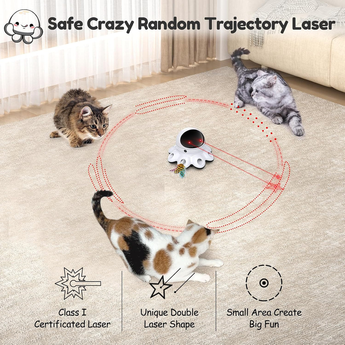 ORSDA Juguete láser para gatos, juguetes interactivos 2 en 1 para gatos de interior, puntero láser automático, 8 agujeros, ratones golpean una pluma móvil, juguetes electrónicos recargables por USB