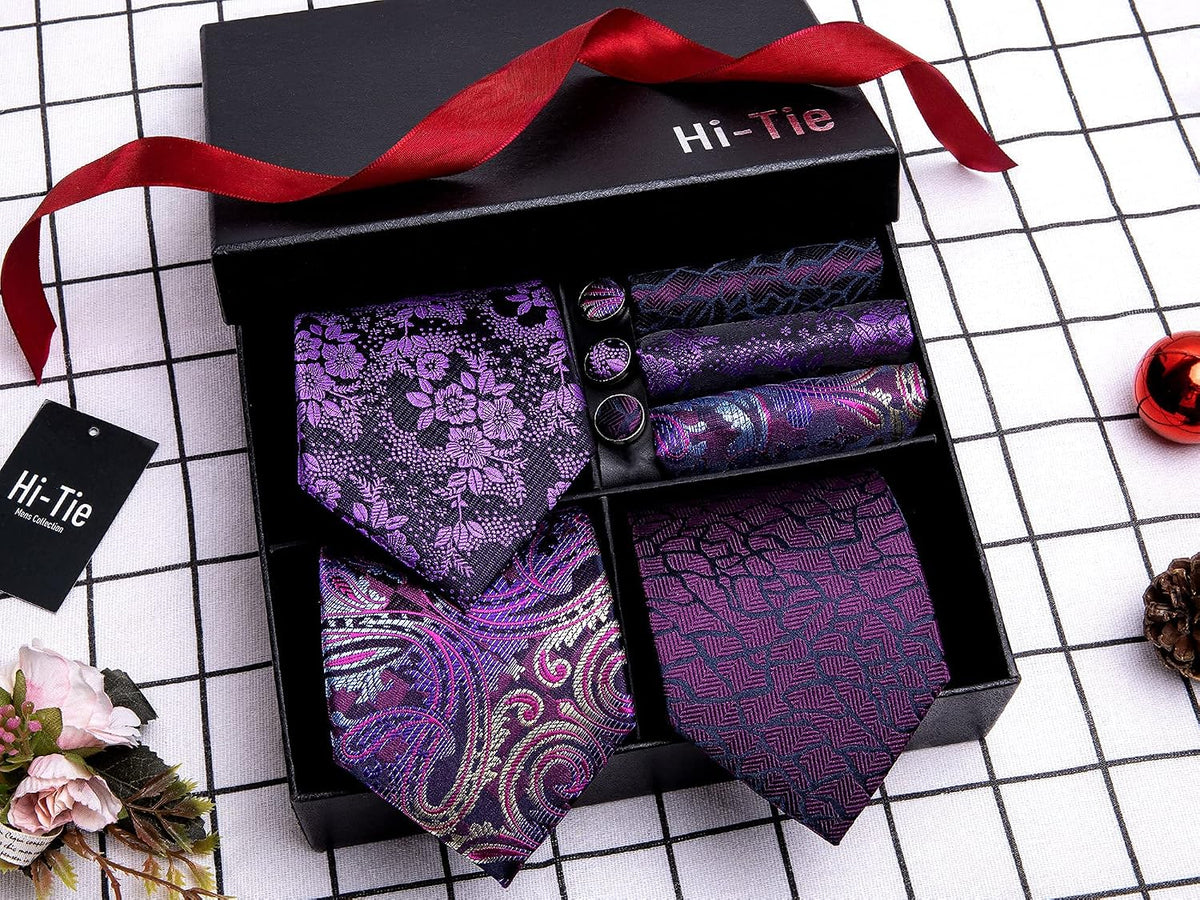 Hi-Tie - Juego de 3 piezas para hombre, incluye corbata, pañuelo de bolsillo, gemelos y pin de solapa, colección de corbata de seda