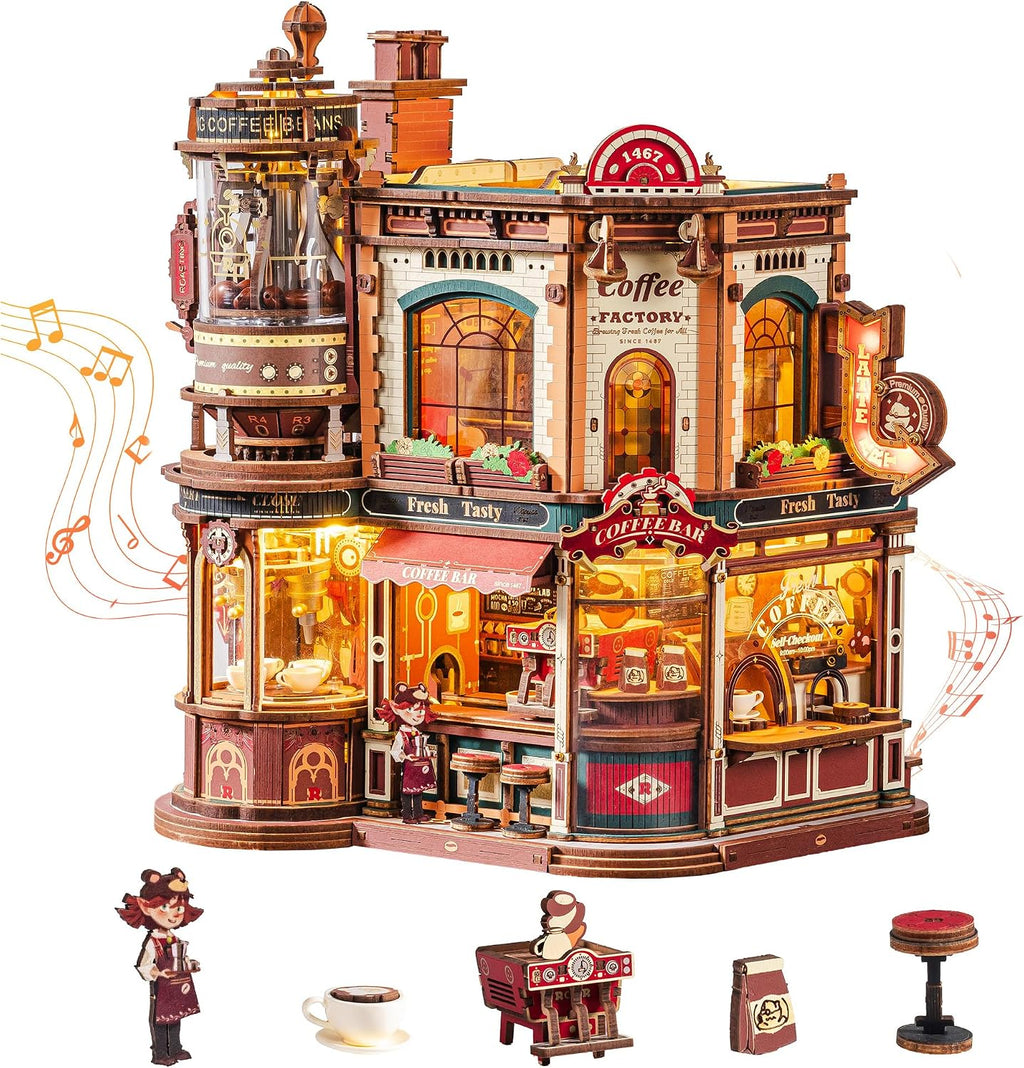 ROKR Dream Coffee Factory, modelo de caja de música de madera, rompecabezas mecánicos 3D de madera para adultos, kit de construcción con luces LED móviles, kit de casa en miniatura, regalo de