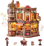 ROKR Dream Coffee Factory, modelo de caja de música de madera, rompecabezas mecánicos 3D de madera para adultos, kit de construcción con luces LED móviles, kit de casa en miniatura, regalo de
