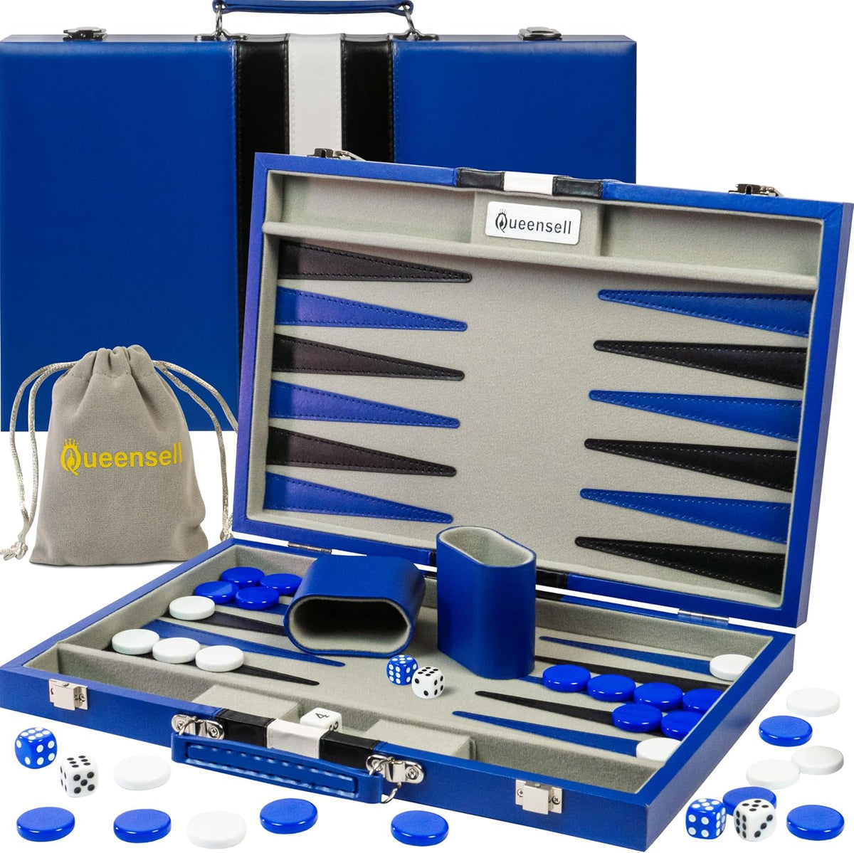 Juegos grandes de backgammon azul para adultos, juegos de mesa clásicos para 2 jugadores, adultos y niños, juego de backgammon premium de 15 pulgadas y 32 piezas de backgammon en funda de piel sintética de calidad