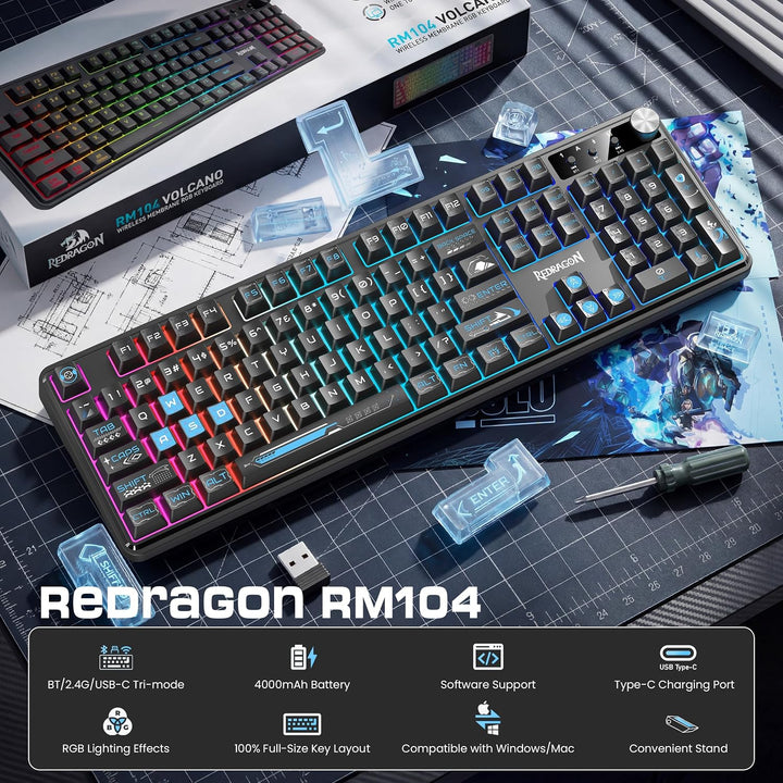 Redragon RM104 Teclado inalámbrico para juegos con perilla, teclado...