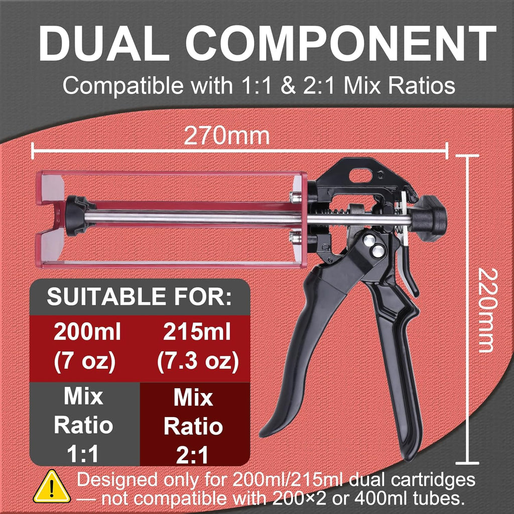 Pistola epoxi de doble componente de 6.8 fl oz – Manual 1:1 y 2:1 aplicador adhesivo para epoxi, uretano, acrílico, pistola adhesiva de 2 partes de alto empuje para unión de paneles, reparación estructural y plástica, rojo