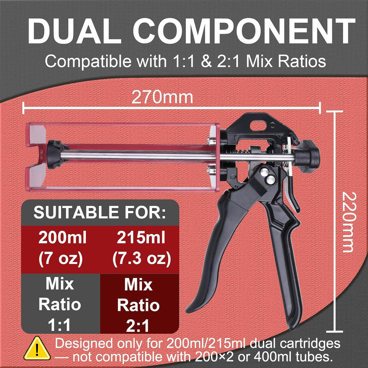 Pistola epoxi de doble componente de 6.8 fl oz – Manual 1:1 y 2:1 aplicador adhesivo para epoxi, uretano, acrílico, pistola adhesiva de 2 partes de alto empuje para unión de paneles, reparación estructural y plástica, rojo