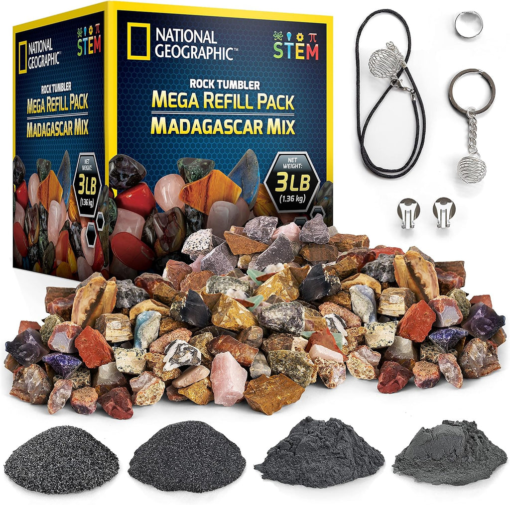 NATIONAL GEOGRAPHIC Recarga de Rocas – Paquete Mega Madagascar, 3 libras de piedras preciosas incluyendo cuarzo rosa, jaspe, labradorita y más, grano para pulir y engastes para joyería