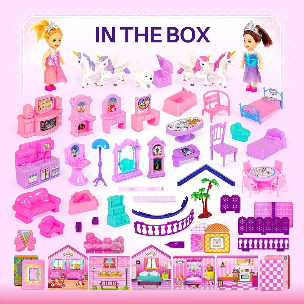 Casa de muñecas con 2 princesas, 4 unicornios, perro, muebles y accesorios – Casa de muñecas de ensueño rosa y morado juguete para niñas pequeñas – 5 habitaciones con jardín, muebles y accesorios