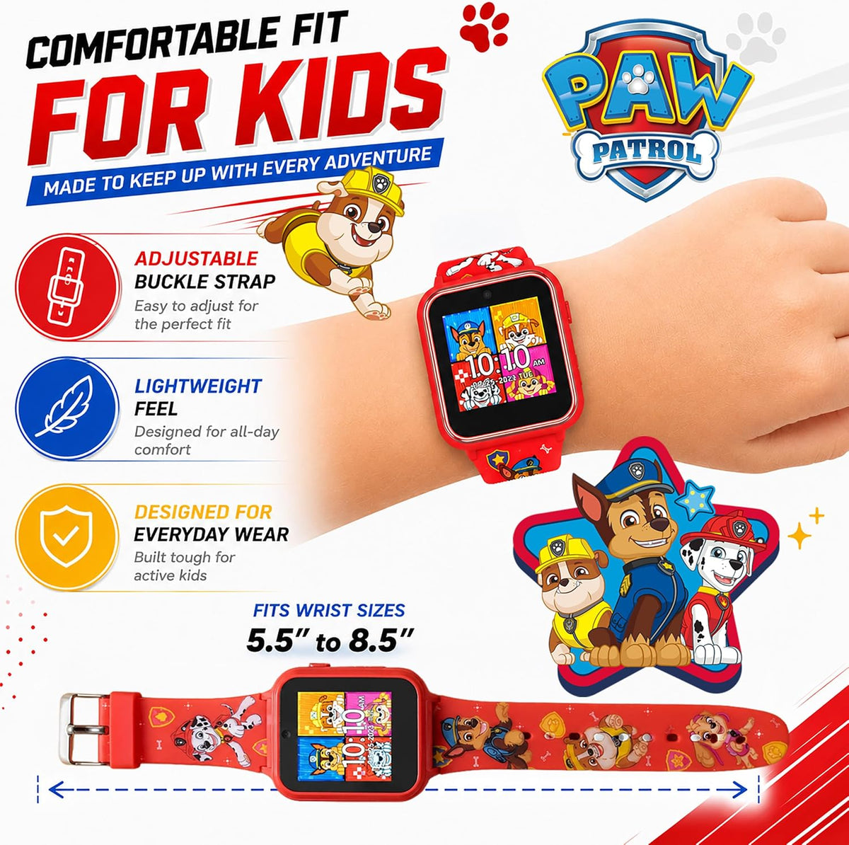 Reloj inteligente Accutime Paw Patrol con cámara para niños y bebés - Reloj inteligente interactivo para niños y niñas con juegos, grabadora de voz, calculadora, podómetro, alarma, cronómetro, con