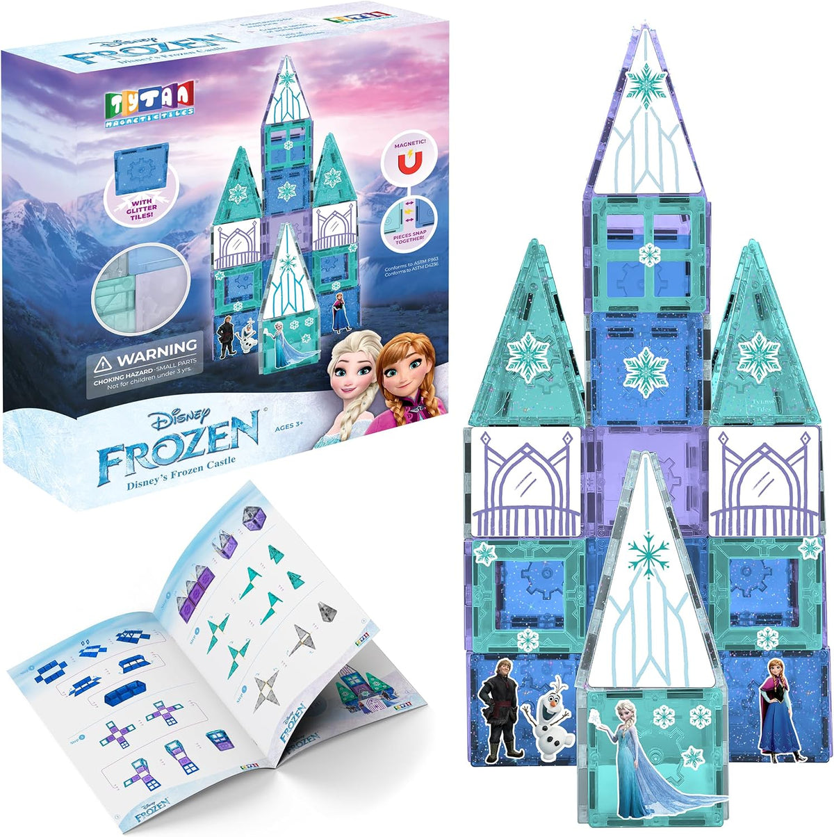 Tytan Toys Disney Frozen - Azulejos magnéticos de castillo de princesa, juego de construcción STEAM de 68 piezas con azulejos con purpurina y calcomanías de Elsa, Anna y Olaf, juguetes educativos de Frozen para niñas de 3 a 4 años en adelante