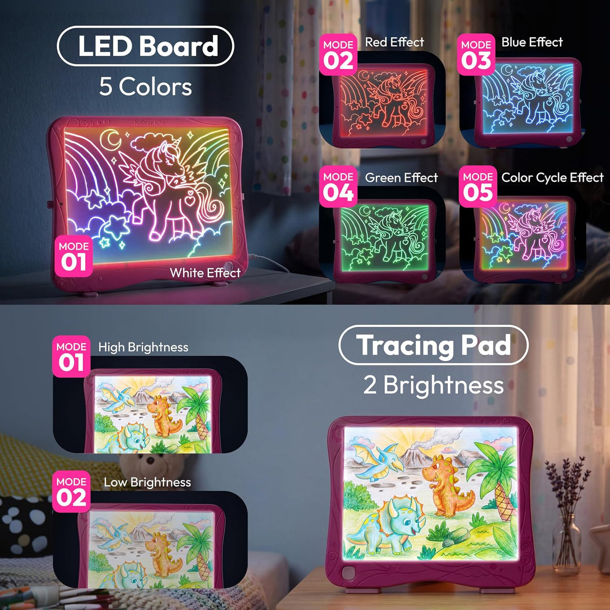 JOVA Klever Kits - Tableta de dibujo de neón 2 en 1 y almohadilla de rastreo iluminada, 4 modos de iluminación, tablero de arte LED para niños, artes y manualidades
