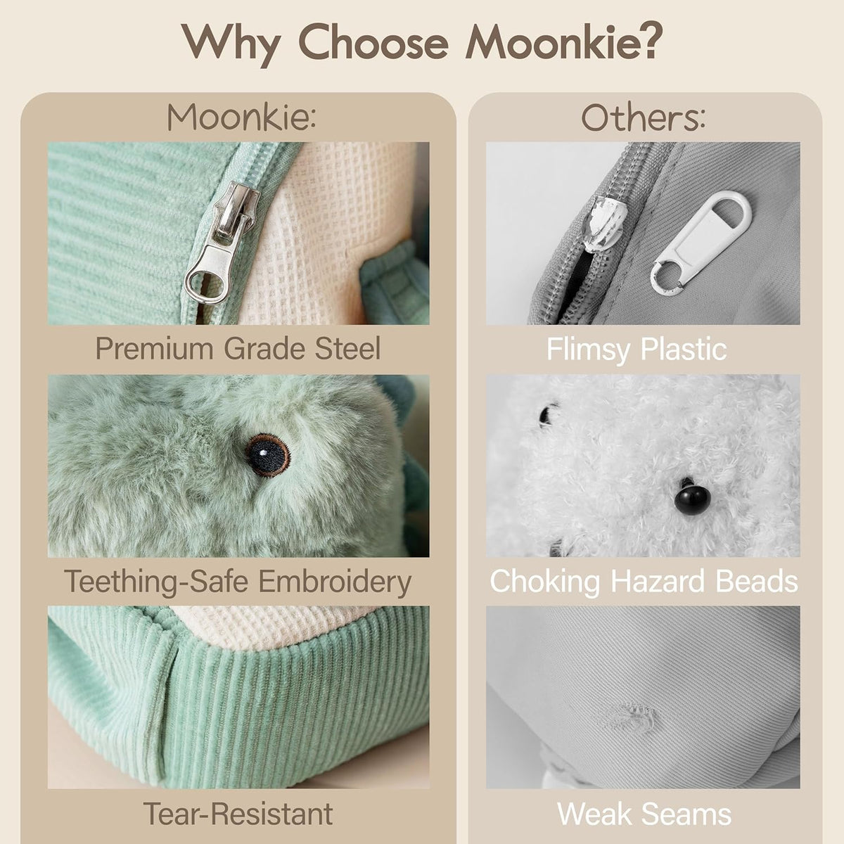 Moonkie Hug & Go - Mochila de dinosaurio para niños, bolsa de felpa suave con juguete para llevar para niños de 2 a 4 años, ideal para guardería, viajes y regalos de cumpleaños