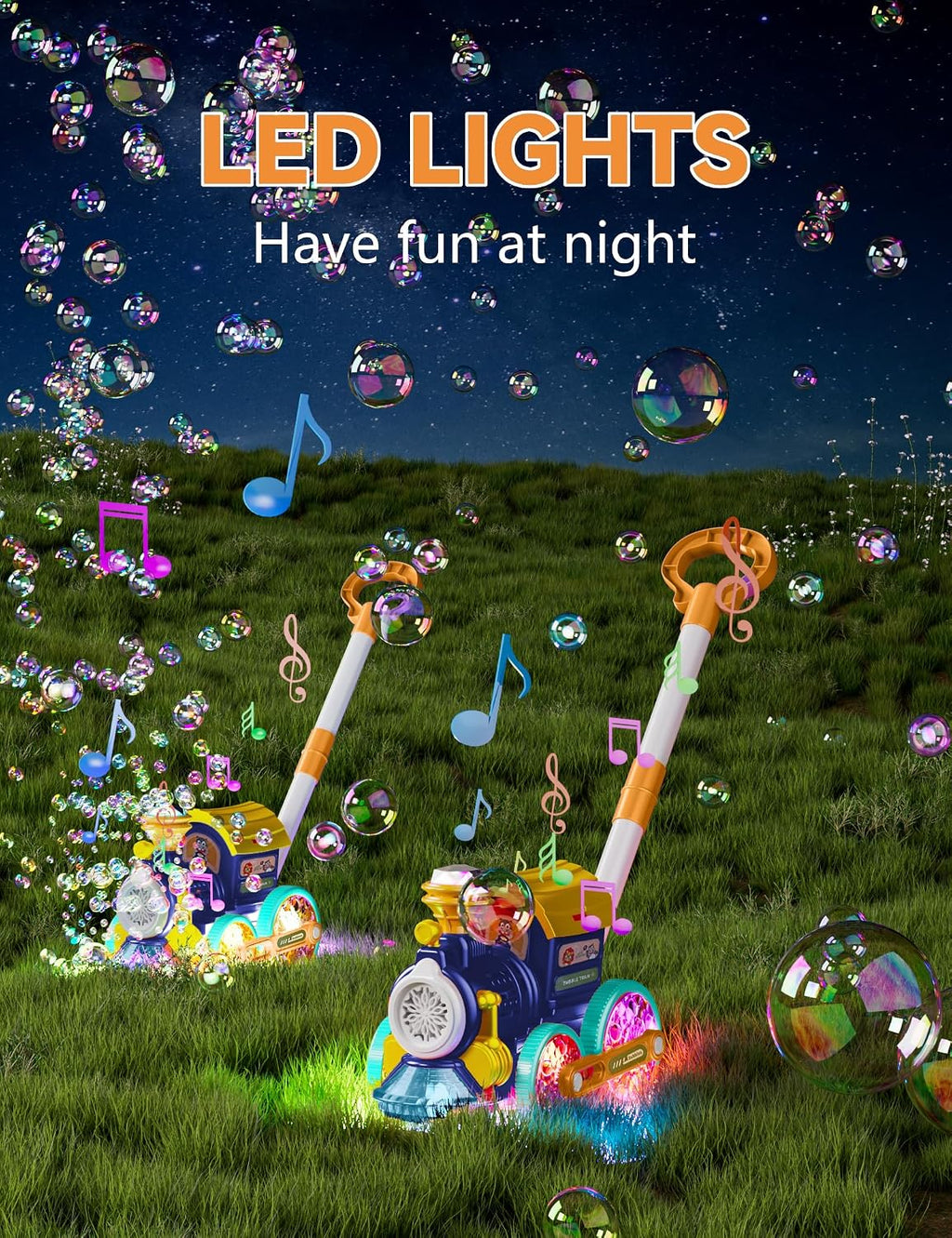 Máquina de burbujas, soplador de burbujas, cortacésped de burbujas para niños pequeños, tren de música de burbujas con luz, juguetes de verano al aire libre para patio trasero para 1-8 edades, regalos