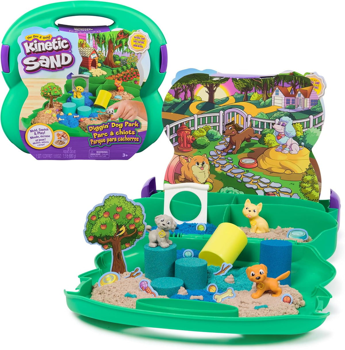 Kinetic Sand, Zona de juegos para cachorros, arena de 23.99 oz, 3 accesorios multiusos para perros, 2 herramientas de arena, estuche de transporte cómodo, juguetes para niños y niñas, a partir de 3