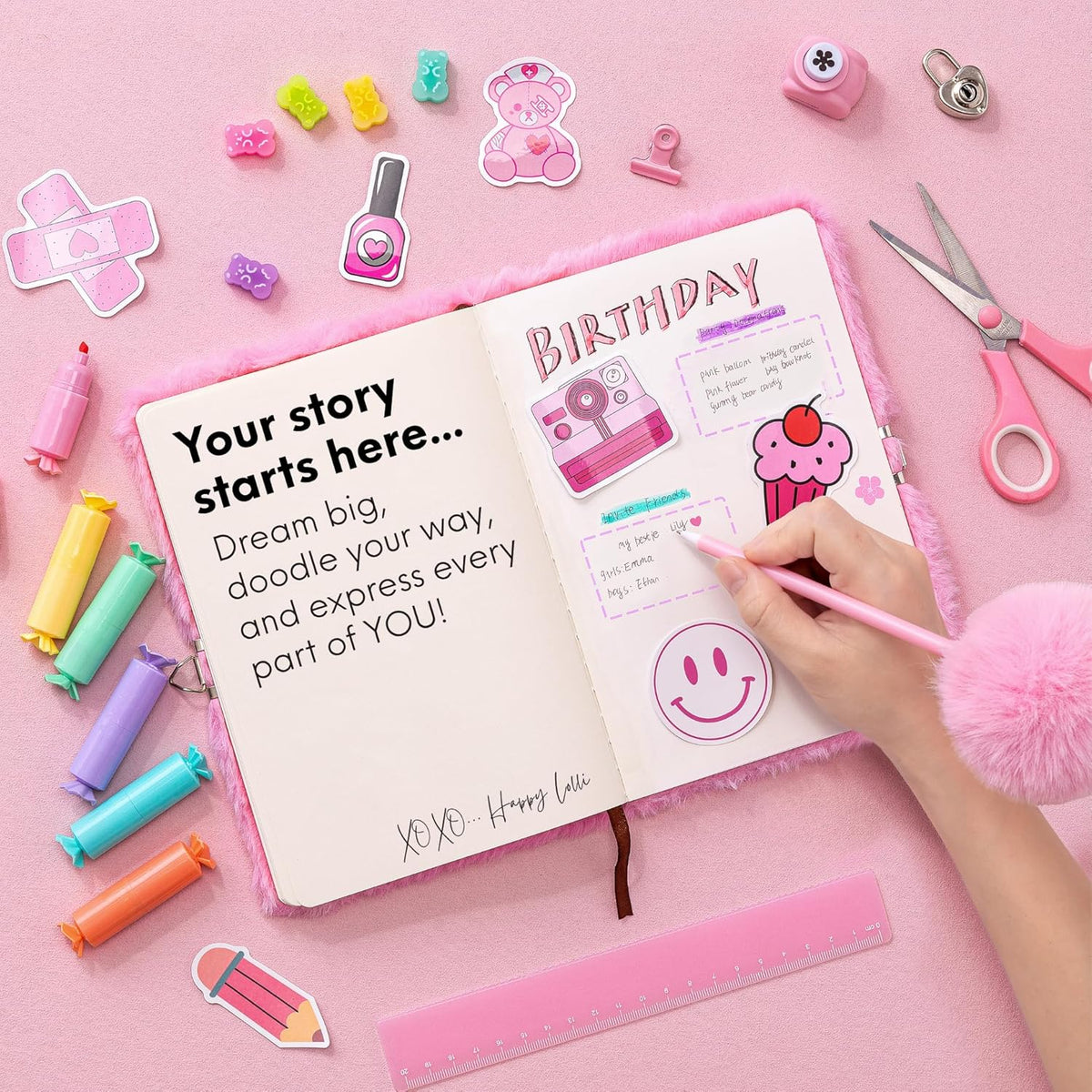 HAPPY LOLLI Pink LolliME - Kit de diario de bricolaje para adolescentes y niñas de 8 a 14 años, regalo de cumpleaños, juego de diario con cerradura de 300 piezas, artes y manualidades, álbum de recortes y diario creativo