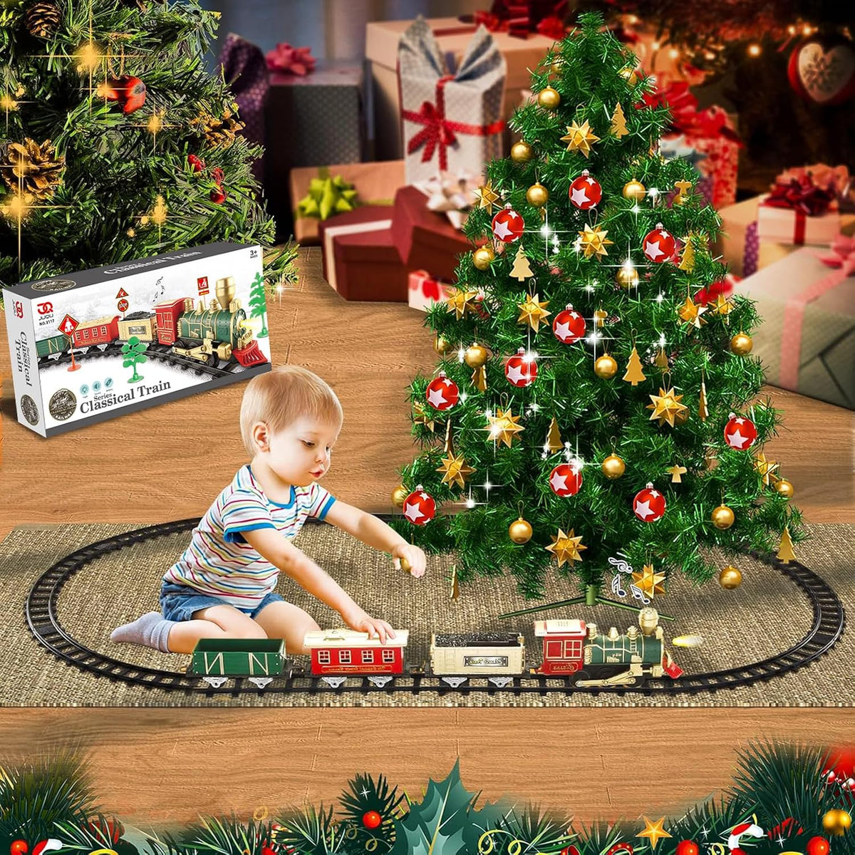 Juego de tren eléctrico para niños de 3 a 8 años, tren de juguete a pilas con luces y sonidos, 3 autos y 10 pistas para Navidad y juego durante todo el año