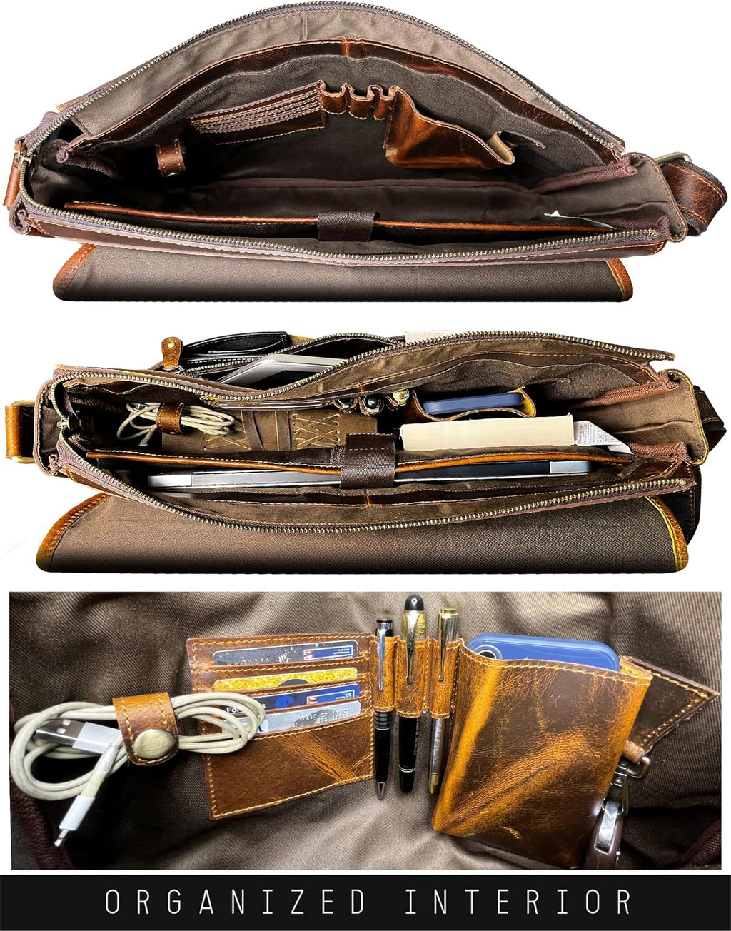 Bolso de mensajero de cuero para hombre, bolso vintage de grano completo