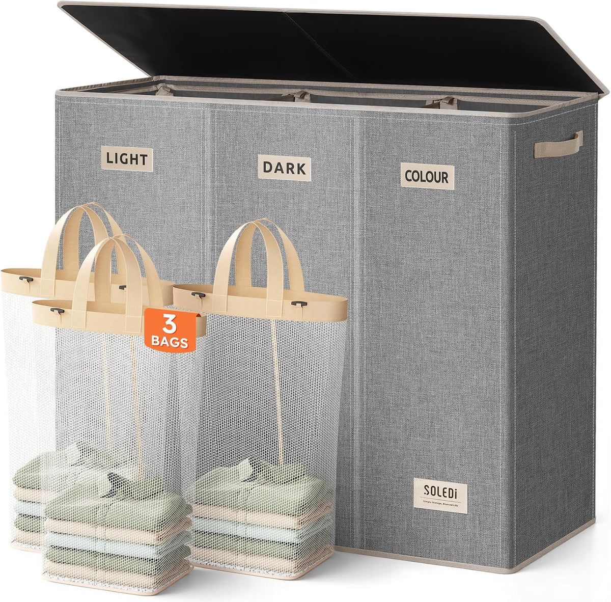 SOLEDI Cesta de lavandería de 3 secciones de 200 litros con tapa, cesta de ropa sucia extragrande con asas resistentes para lavandería y dormitorio, organizador duradero para clasificar la ropa sucia