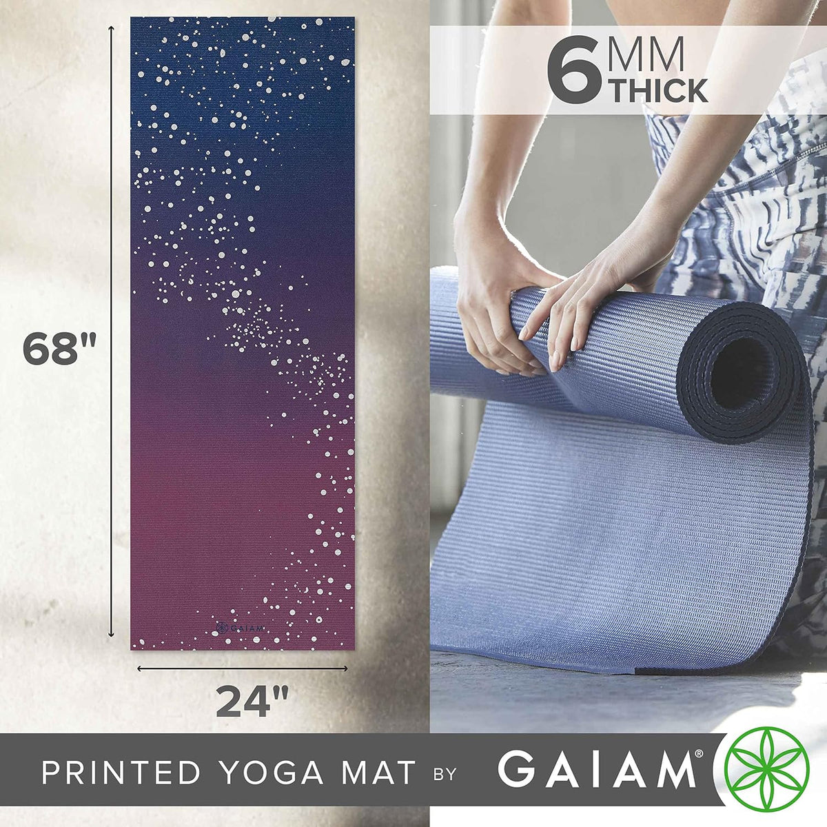Gaiam - Alfombrilla de yoga, 6 mm, extra gruesa, antideslizante, de primera calidad, para todo tipo de yoga, pilates y ejercicios en el suelo (68 pulgadas de largo x 24 pulgadas de ancho x 6 mm de