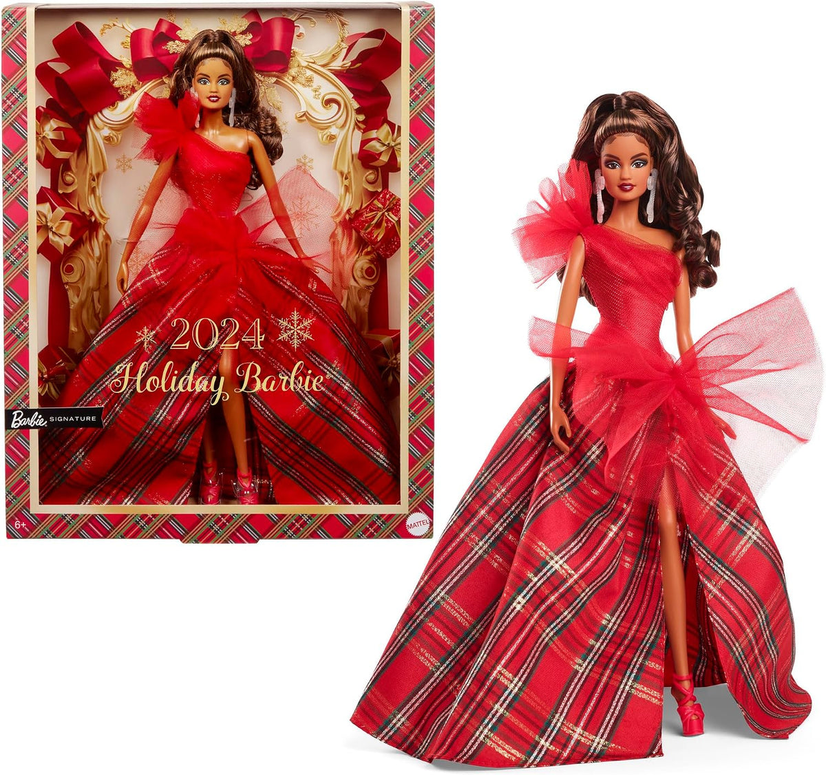 Barbie Signature 2024 Muñeca Navideña con Cabello Castaño Claro en Vestido a Cuadros, Juguete Coleccionable en Empaque Exhibible