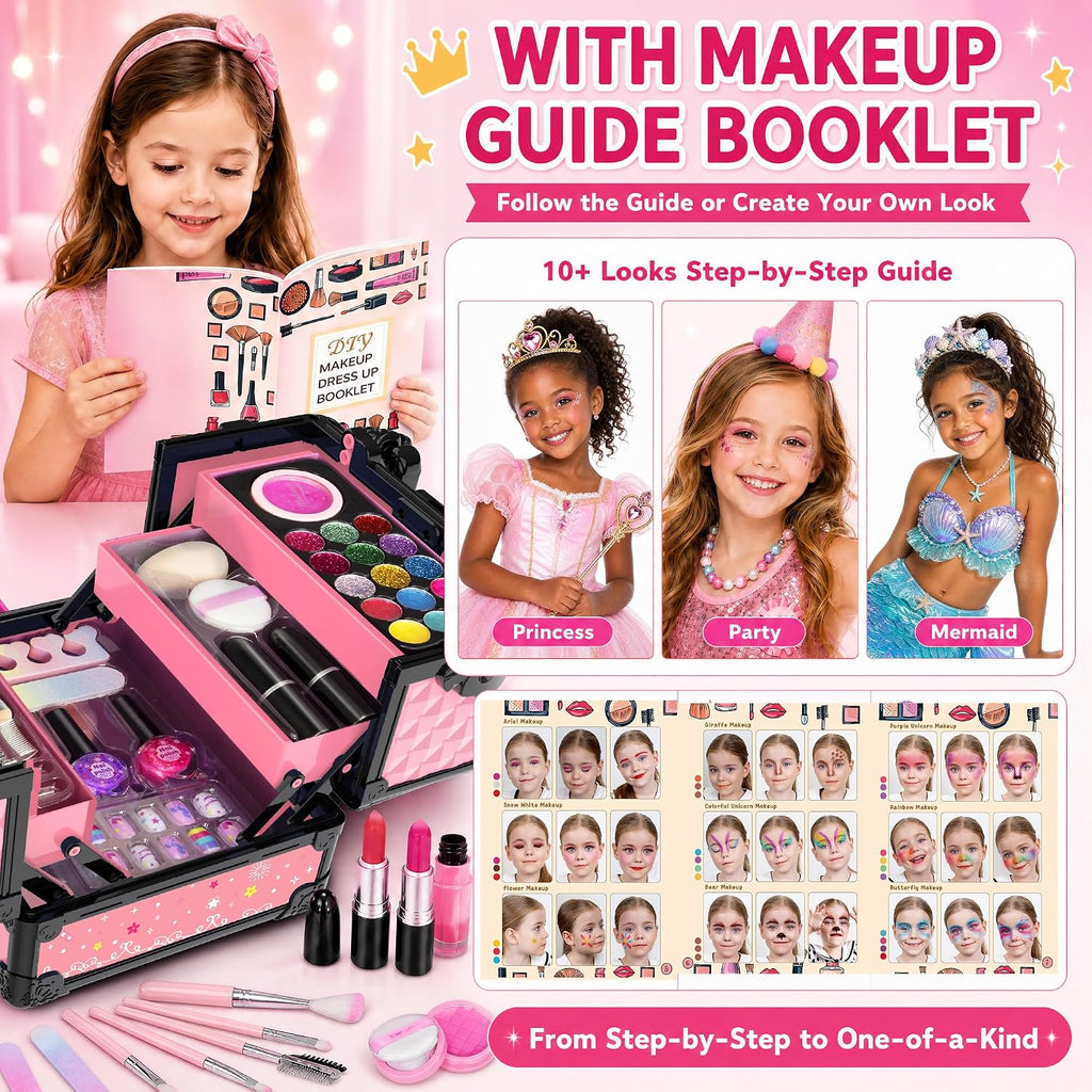 Juego de 59 piezas de maquillaje para niñas, juego de juguetes de maquillaje lavables para disfrazarse, juego de tocador de belleza con estuche de cosméticos, juguetes de cumpleaños para niñas