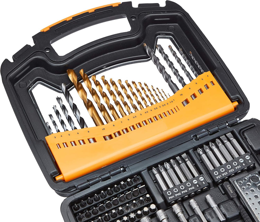 Amazon Basics Drill & Driver - Juego de brocas de acero aleado para metal, madera, plástico, mampostería, con estuche de almacenamiento, 100 piezas