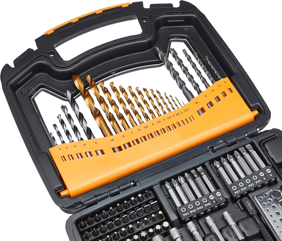 Amazon Basics Drill & Driver - Juego de brocas de acero aleado para metal, madera, plástico, mampostería, con estuche de almacenamiento, 100 piezas