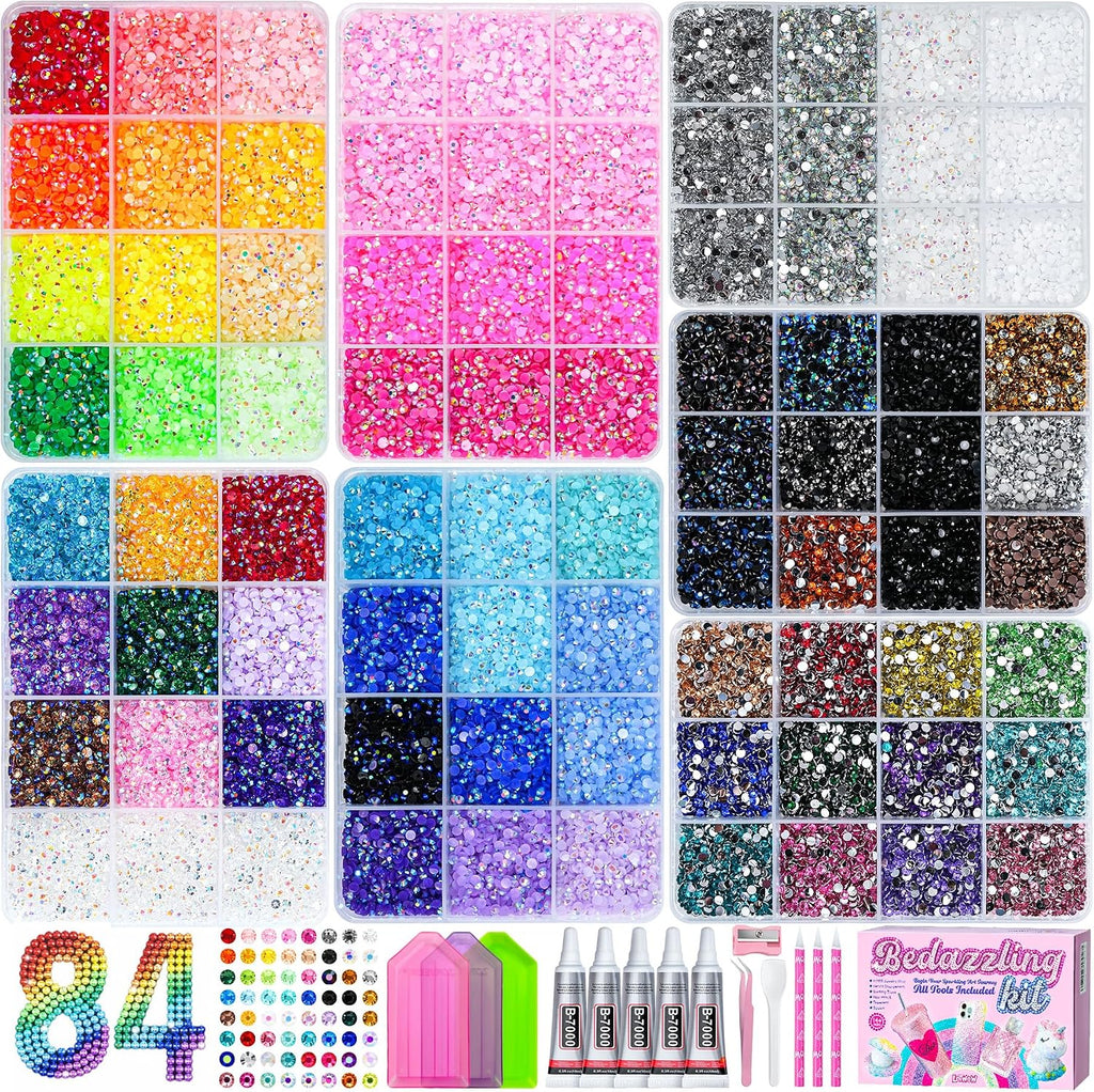 Kit de 120,000 piezas de diamantes de imitación de gelatina con 84 colores en 7 cajas, kit Bedazzler con diamantes de imitación de resina de 0.118 in, incluye 5 pegamentos y herramientas para arte de