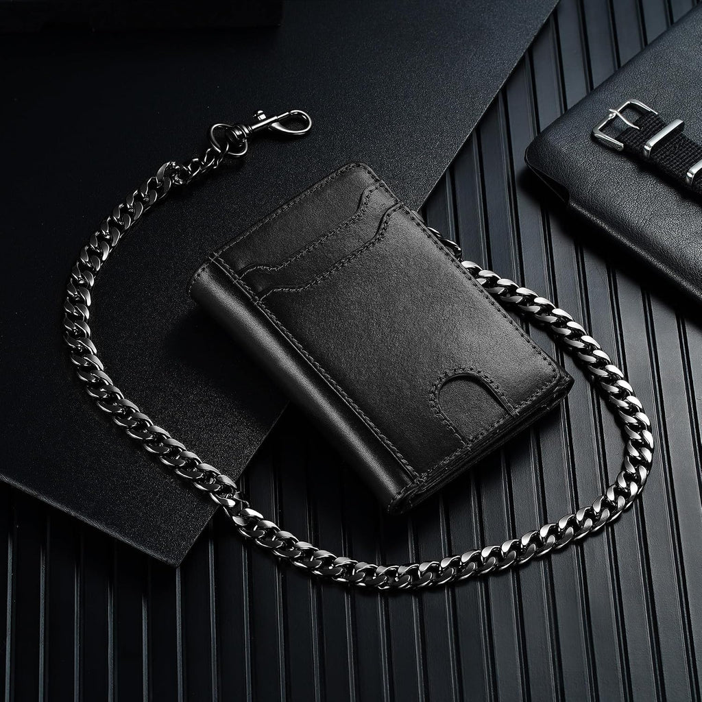 Cartera de cadena de cuero de grano completo: Cartera triple RFID