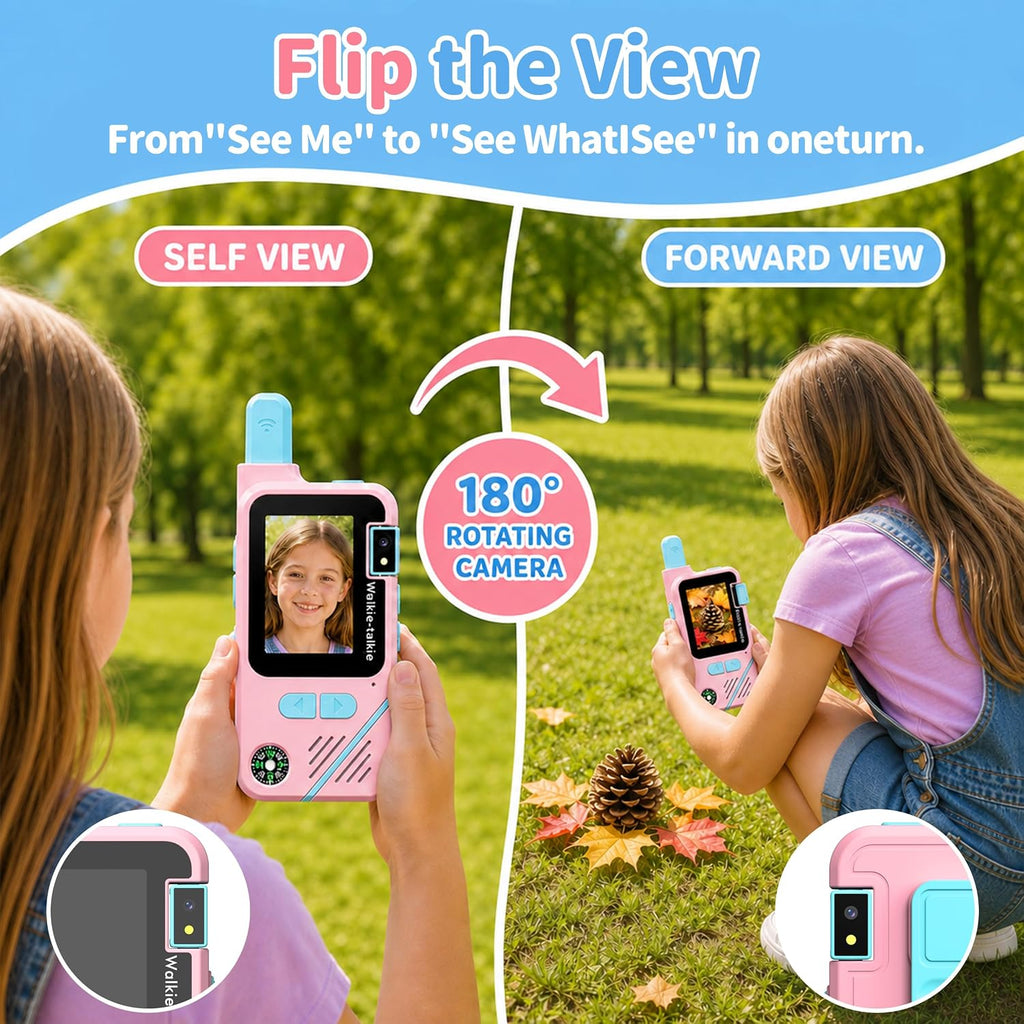 Walkie Talkies de video para niños, paquete de 2 con cámara giratoria de 180°, juguetes de largo alcance, recargable, clip y cordón, regalos de cumpleaños para niños y niñas de 3 a 12 años, interiores