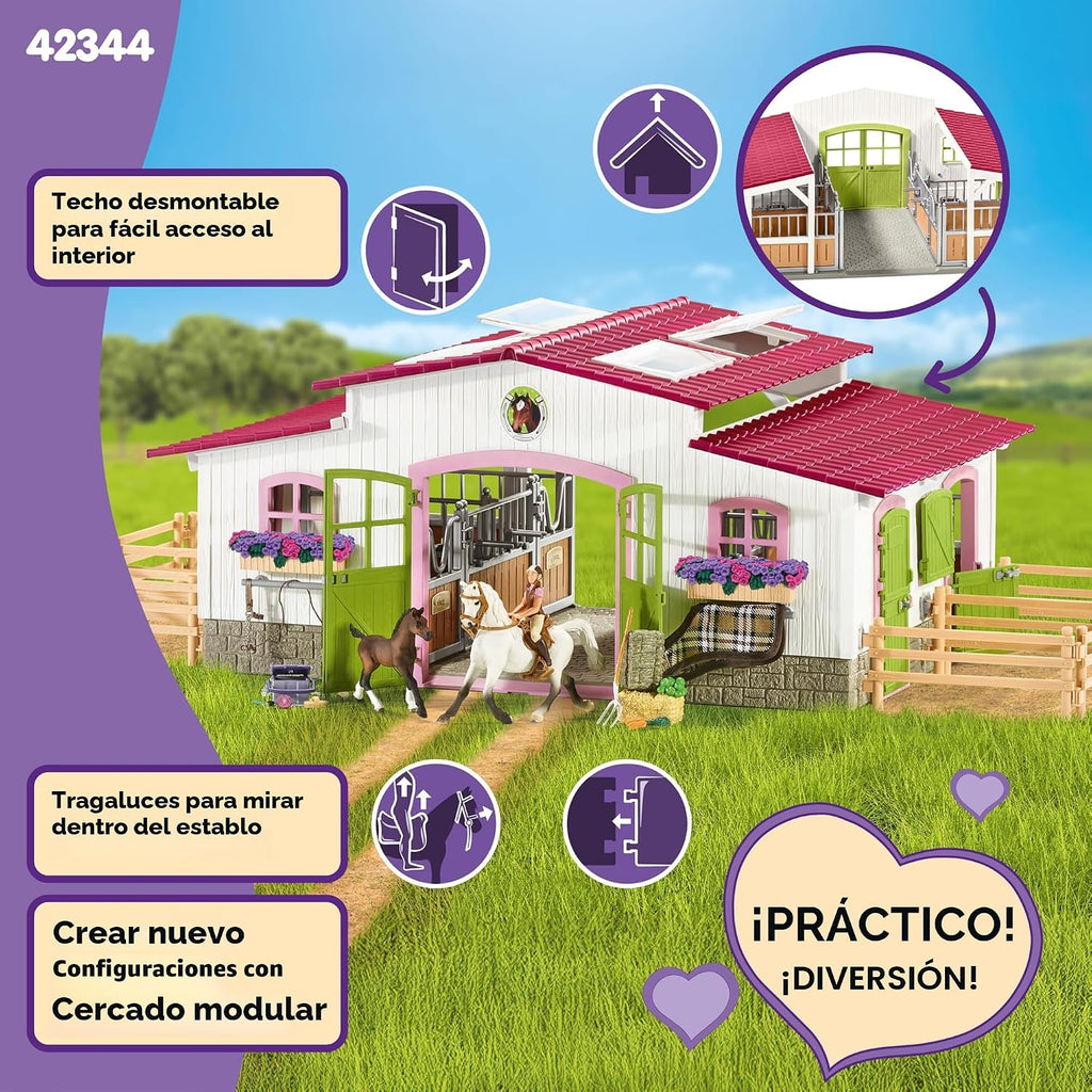 Schleich Horse Club - Juego de juguetes de caballo de centro de equitación de 97 piezas con jinete, 2 caballos, granja y accesorios de figuras de granja para niñas y niños - Figuras de juego