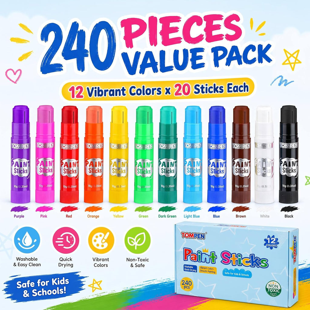 Varillas de pintura al temple para niños y artistas, paquete de 240 unidades, 12 colores vibrantes, no tóxicos, de secado rápido, colores clásicos del arco iris, lápices de pintura sólidos