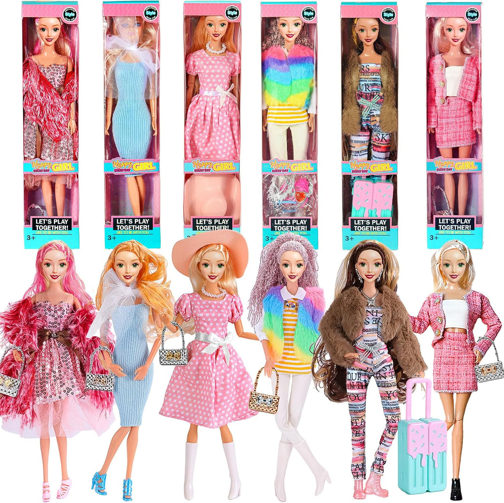 Set de 6 Muñecas Prinecess Americanas de Moda 11.5 pulgadas con Conjuntos de Vestuario, Diseños de Vestido y Accesorios como Bolso, Sombrero, Corona, Collar y Maletín (Empaque en Caja de Regalo)