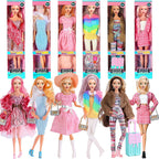 Set de 6 Muñecas Prinecess Americanas de Moda 11.5 pulgadas con Conjuntos de Vestuario, Diseños de Vestido y Accesorios como Bolso, Sombrero, Corona, Collar y Maletín (Empaque en Caja de Regalo)