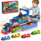 Juego de tren de juguete 2 en 1 para niños pequeños, base de tren de catapulta con grúa torre móvil, 8 pequeños trenes magnéticos, efecto de luz y sonido, juguete de camión de expulsión para niños