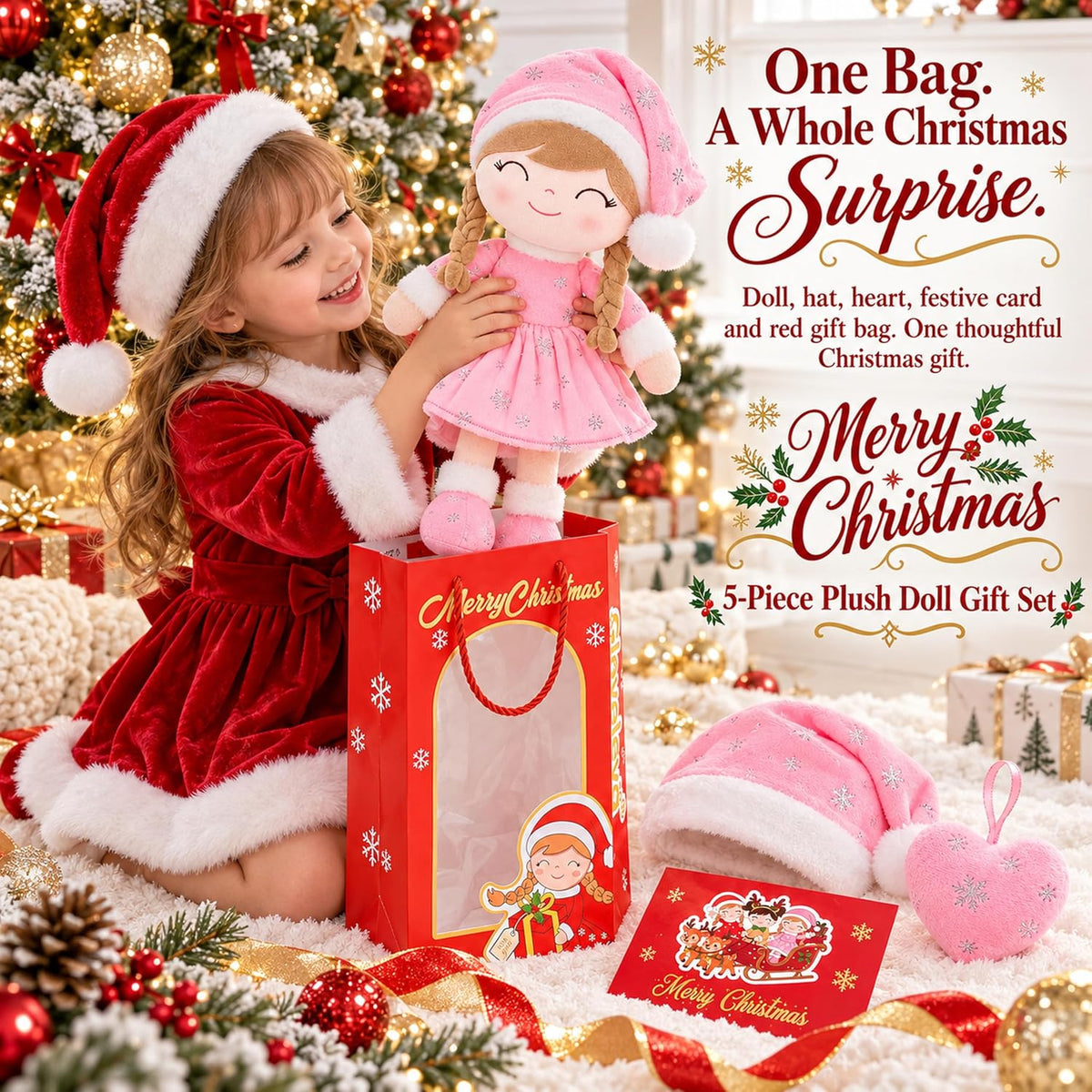 Gloveleya Juego de muñecas de peluche navideñas con sombrero, 5 piezas