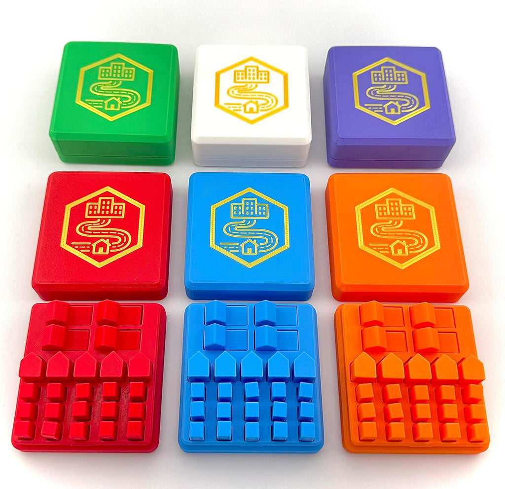 Organizador para Catan (juego de 6) | Tapa a presión | Rojo, naranja, azul, blanco, verde, morado | Compatible con todas las ediciones
