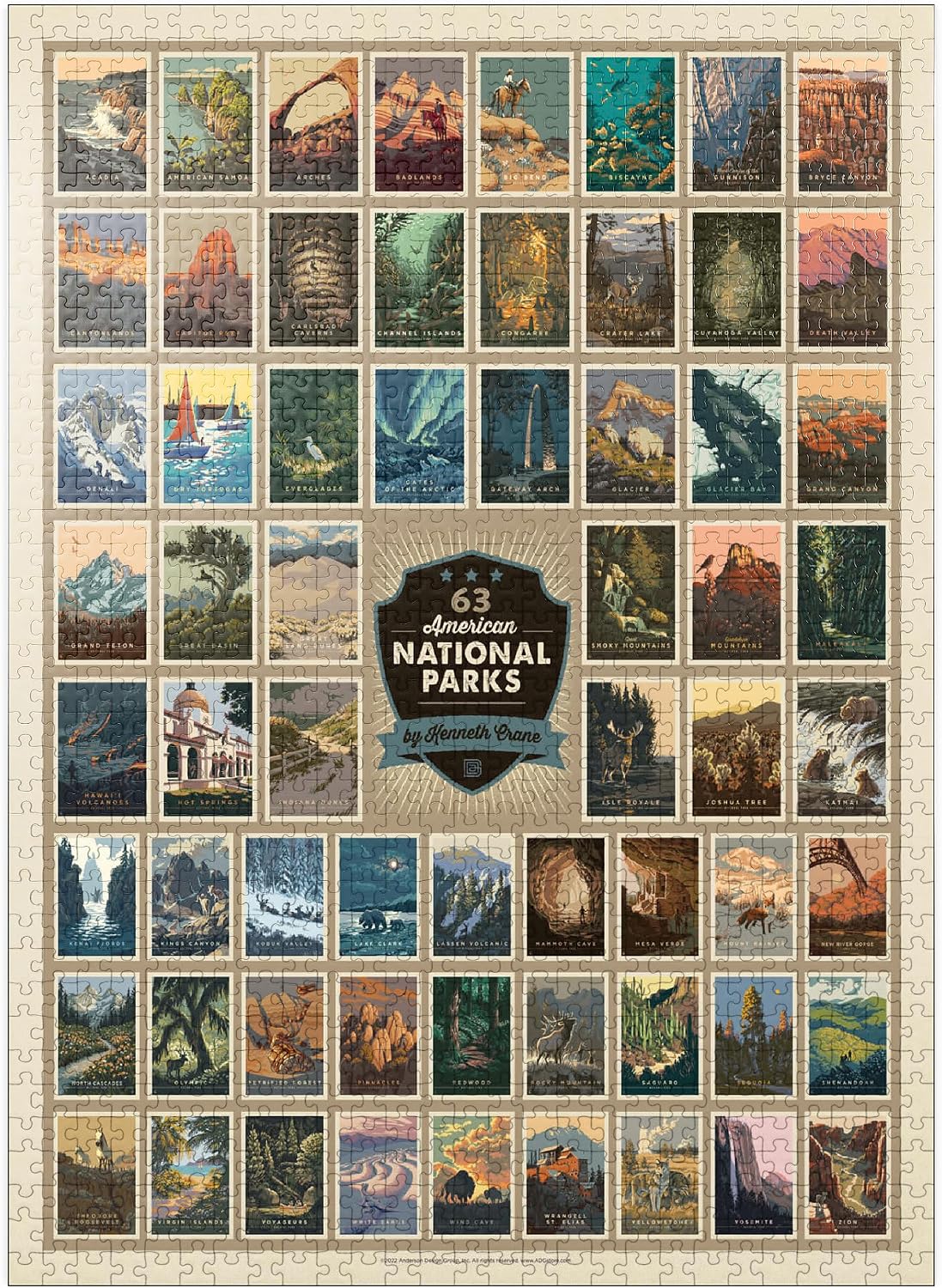 MyPuzzle 63 American National Parks: By Kenneth Crane, póster vintage, rompecabezas premium de 1000 piezas para adultos