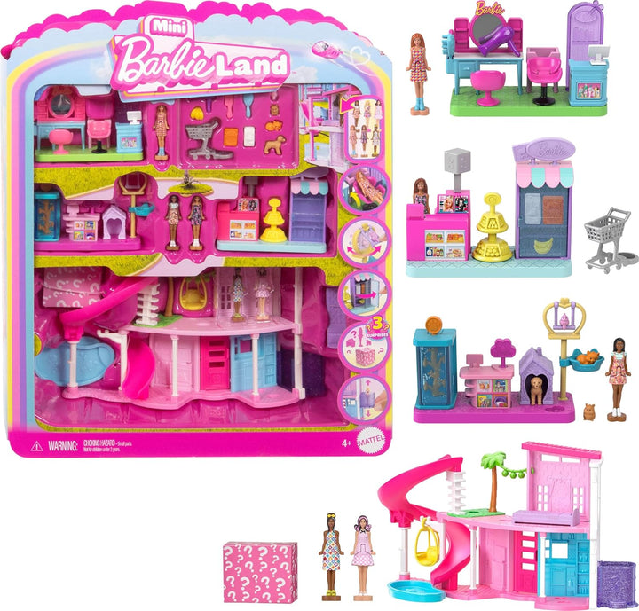 Barbie Mini Land DreamHouse y 3 juegos con 4 muñecas de 1.5 pulgada...