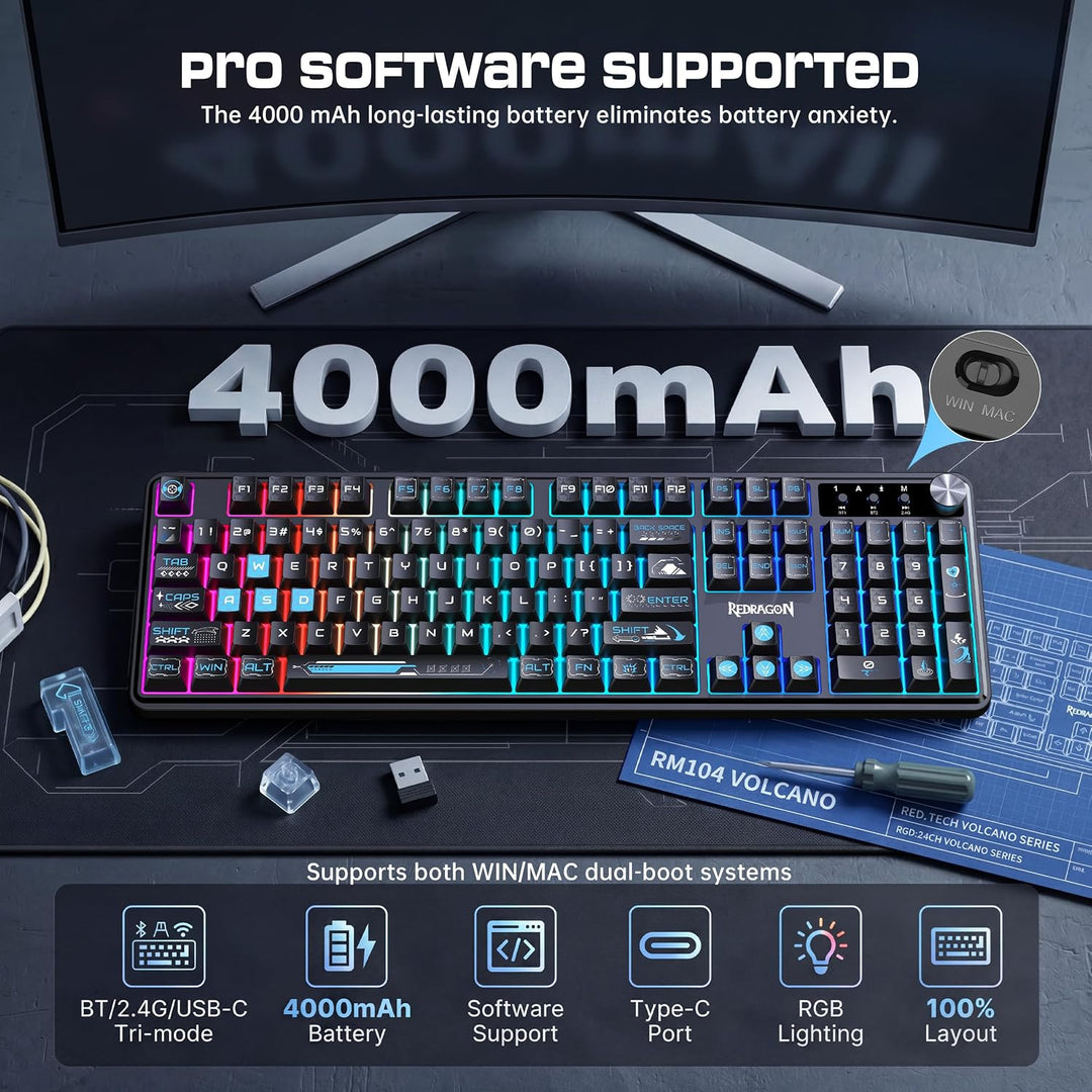 Redragon RM104 Teclado inalámbrico para juegos con perilla, teclado...